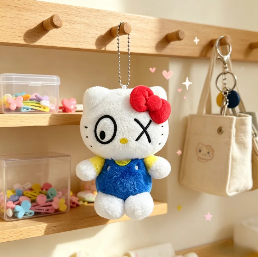 Genuine  Sanrio Artist Series Cross-Eye Hello Kitty Plush Pendant, Red Bow Blue Overalls & Pink Flower Red Outfit Soft Plush Key