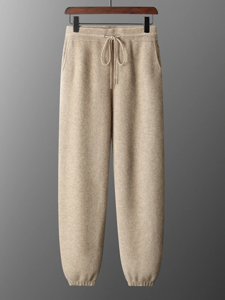 

Yoyoselect Autumn Winter Men's 100% Cashmere Pencil Pants Thick Warm Sport Leg Banded Trousers Elastic Waist Luxury Sweatpants