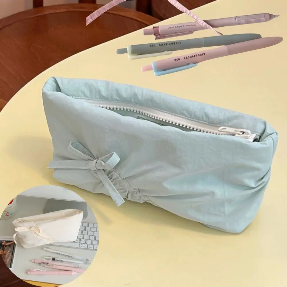 Ins Simple Bow Pencil Case For Student Stationary Storage Bag Writting Pen Case Makeup Bag School Office Bowknot Pencil Pouch