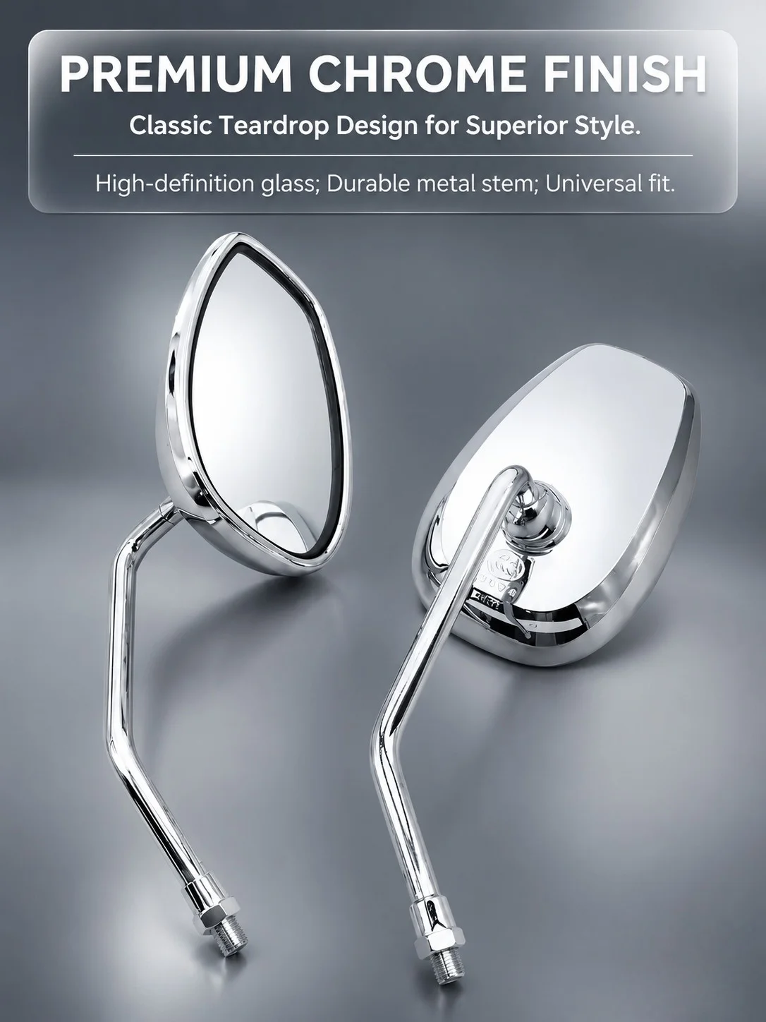 Polished Chrome Motorcycle Rearview Mirrors Retro Curved Stem Side Mirrors 10mm Thread Wide Vision Convex Glass Motorbike Mod
