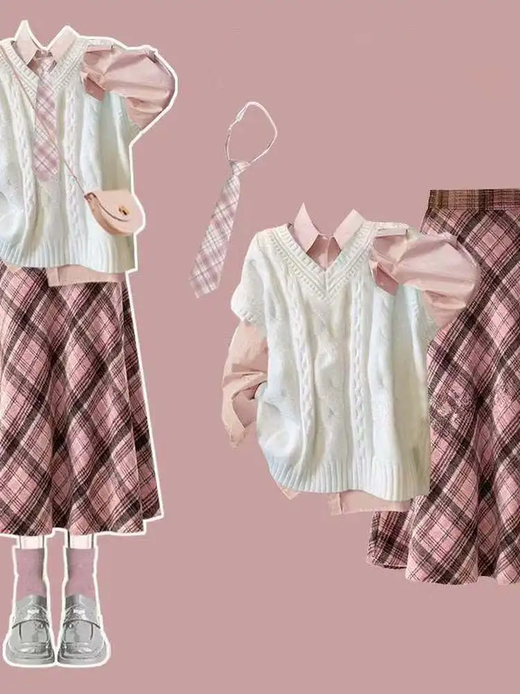 

Белый вязаный жилет College Sle, комплект из двух предметов, женский весенне-осенний свитер с ленивым рукавом, жилет с перекрытием, комплект Faion