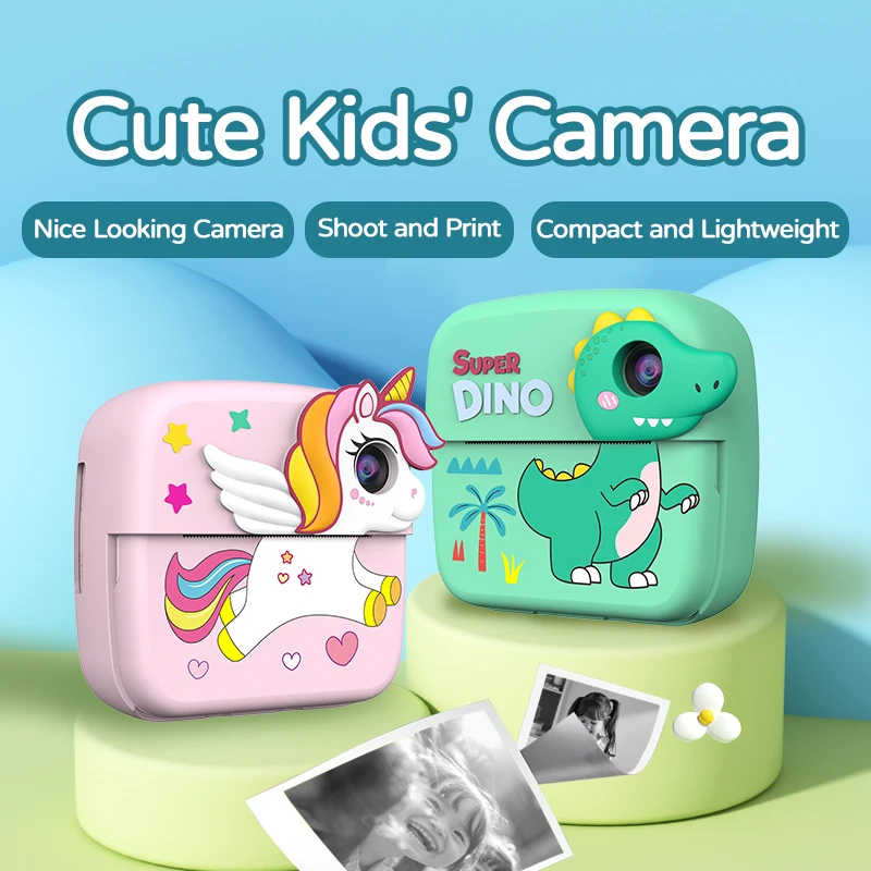 New HD 1080P Kids Print Camera Instant Print Thermal Paper Camera Mini Cute Kids Video Camera Kids Toy Dinosaur Camera Gift