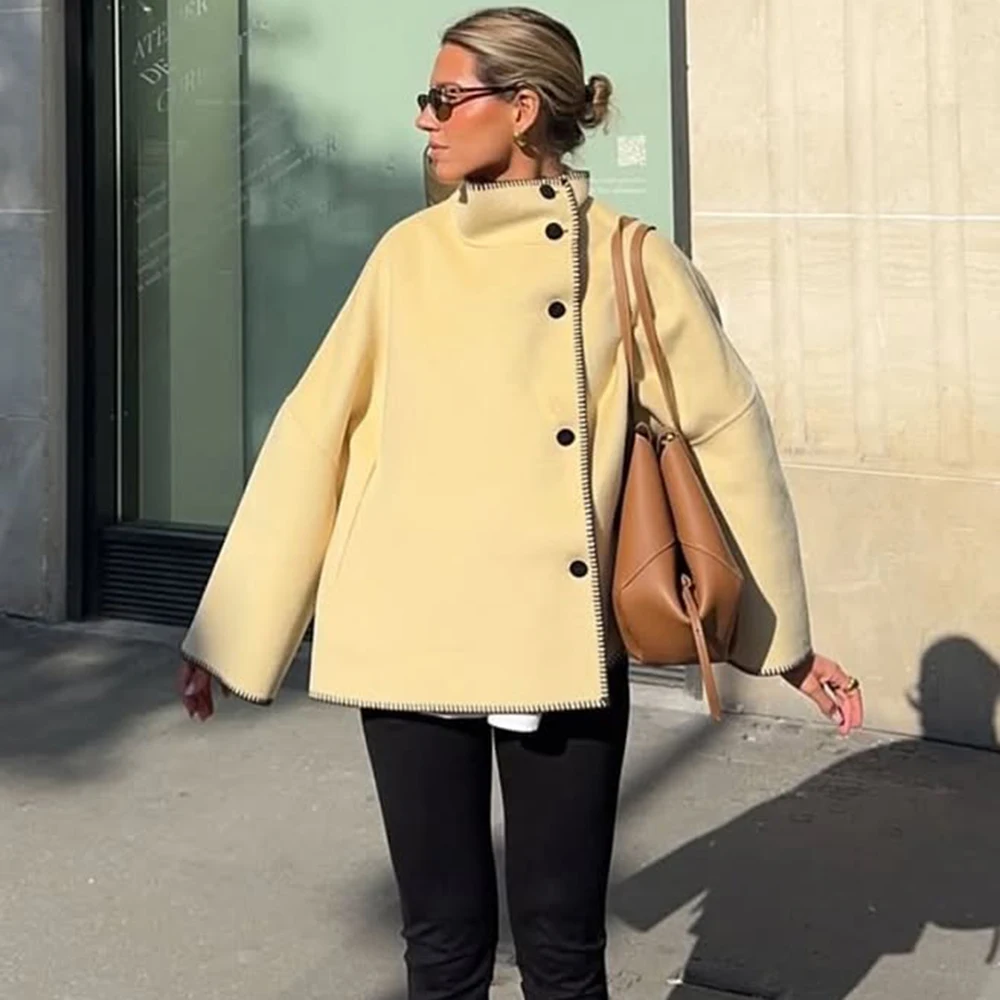 

Ticketsx Women Loose Wool Jacket Autumn Solid Vintage High Neck Single Breast Jacket Fashion Causal Female Office Street Coat