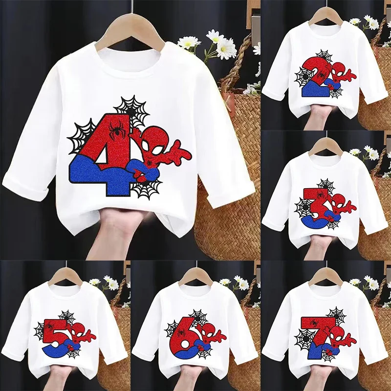 New Spider Children Long Sleeves T-shirts Cartoon Birthday Number Printed T-shirt Kids Casual Sport Tops Baby Boys Clothes