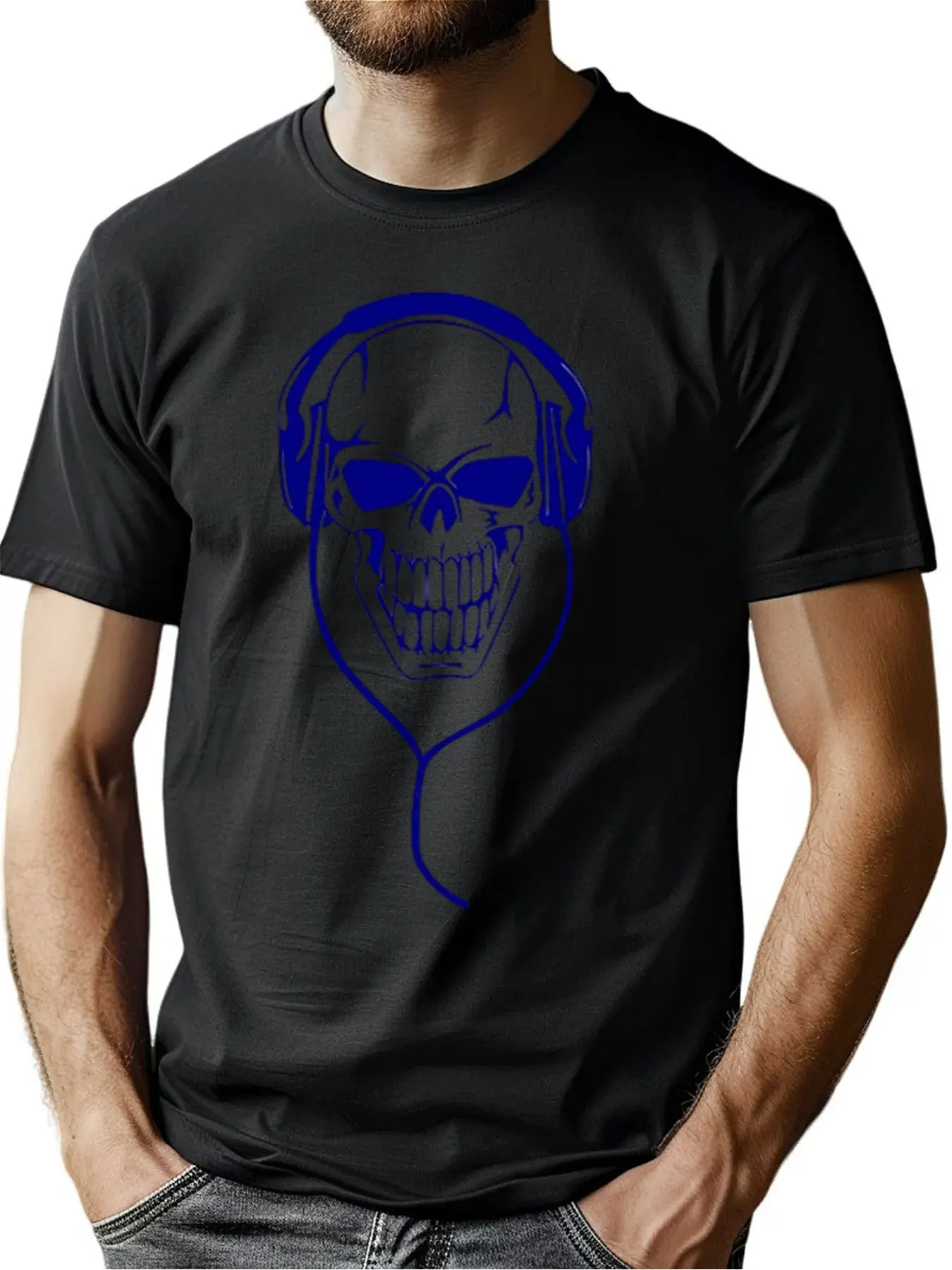 

Men's Premium Cotton Soft Feel Skull With Headphones Graphic Print Casual Crew Neck Tee For Christmas Gift