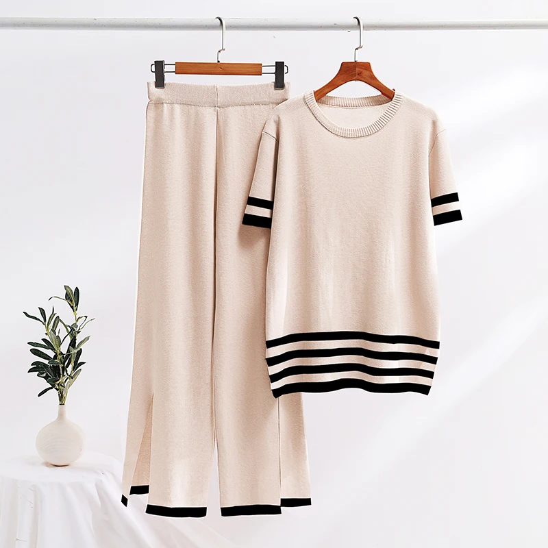 Casual Summer 2 Piece Knit Tracksuit Elegant Side Slit Women Knit Pant Suit Short Sleeve Stripe Knitted Two Piece Women Sets