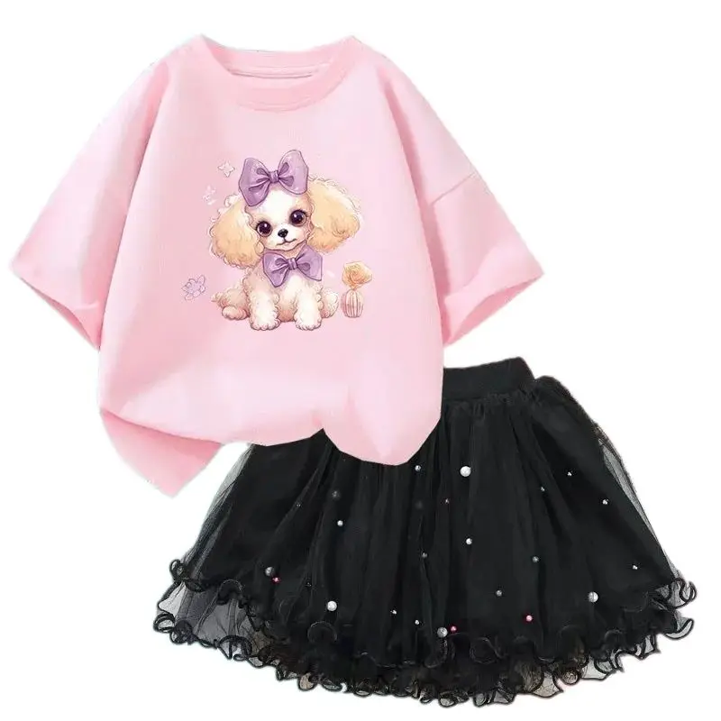 Summer Girls Cute Dog  Print T Shirt & Tutu Skirt Two Piece Outfits Party Birthday Christmas Clothes  2024