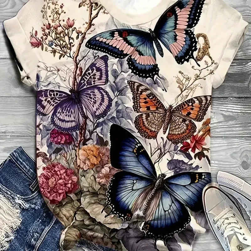 

butterfly 3d Print T-Shirt Harajuku Casual Short Sleeve Top Tee O Neck Women's T-Shirts Flower Oversized Female Clothing Summer