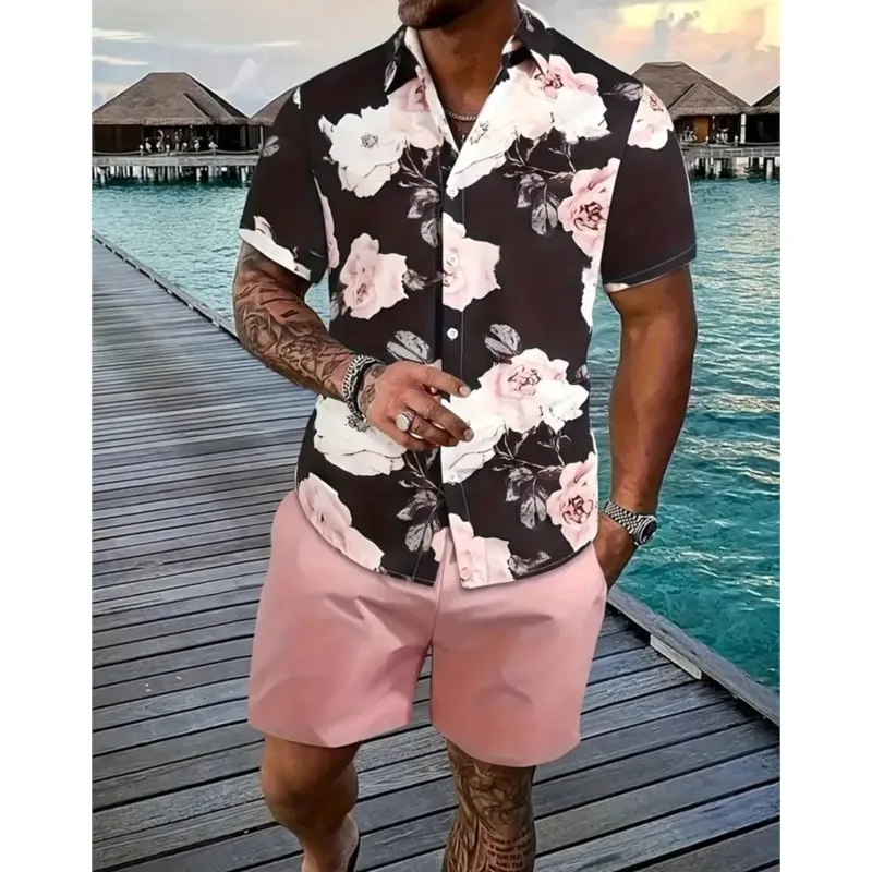 

Men's Hawaii Shirt Set Men's 3D Printed Short Sleeve Shirt Shorts 2 Piece Summer Beach Lapel Shirt Set Unisex Casual Clothing