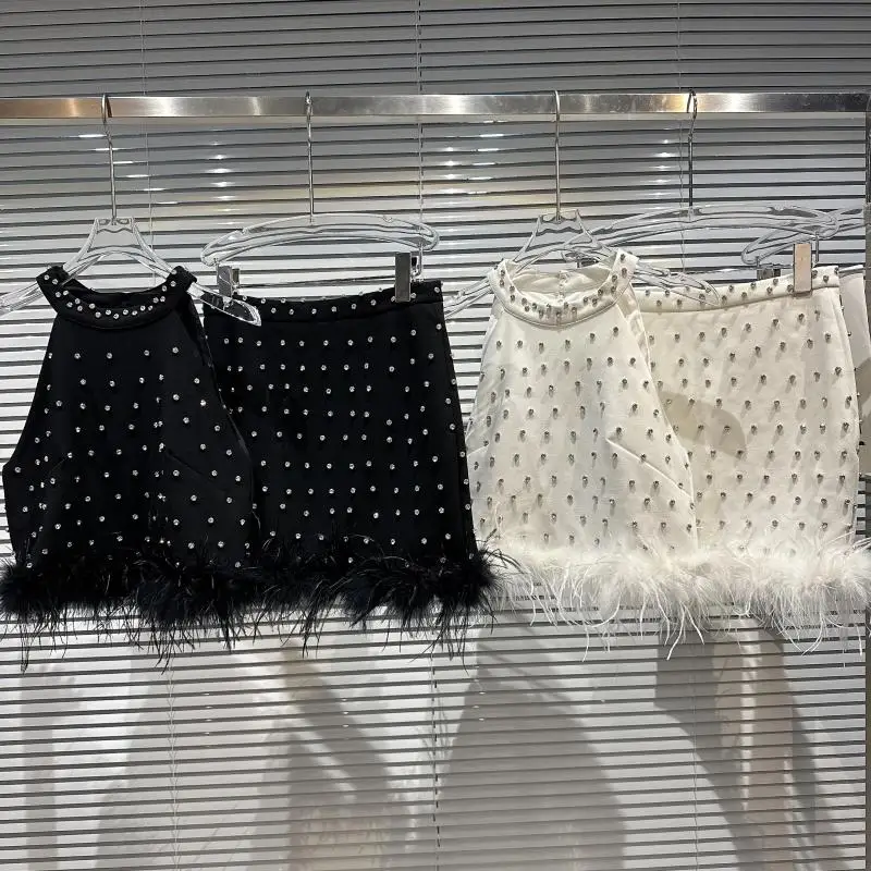 2025 Summer New Rhinestone Beaded Feather Fringe Halter Women's Sling Original Design Punk Bodycon Sexy Short Skirt Suits Ladies