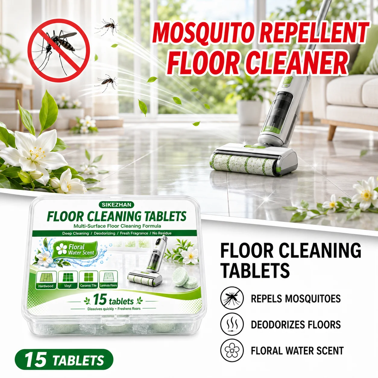 SIKEZHAN Floor Cleaning Tablets, Floral Water Scent Multi-Surface Deodorizing Wash Sheet Patches for Hardwood Tile Vinyl Kit