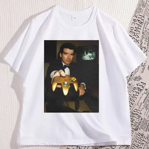 Komik Altın Göz 007 T-shirt Pamuk Kısa Kollu Oyun Tee Retro video oyunu baskılı tişört Erkek Kadın streetwear