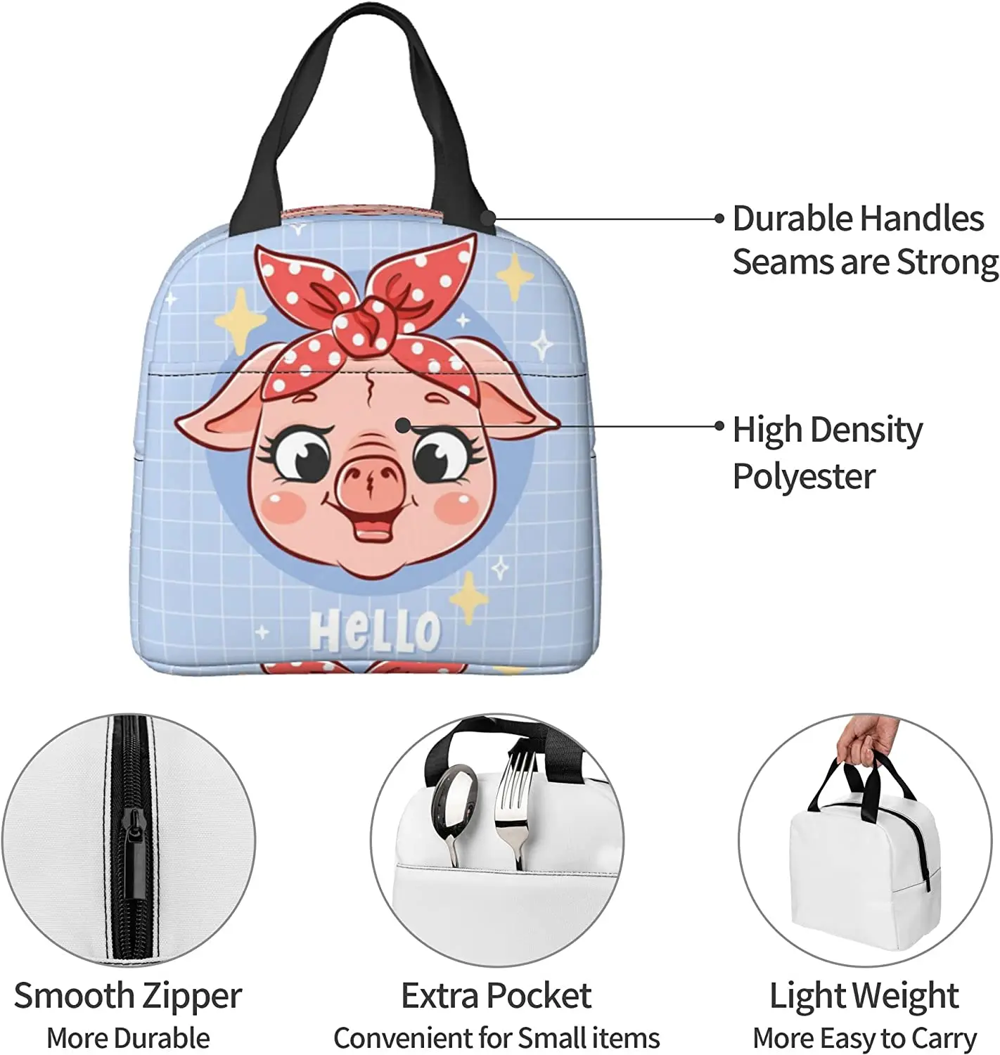 สวัสดีน่ารัก Pig Face ถุงอาหารกลางวันสําหรับผู้หญิงกล่องอาหารกลางวันฉนวน Cooler Thermal Tote Bag สําหรับผู้ใหญ่หญิงทํางานโรงเรียนเดินป่าปิคนิค