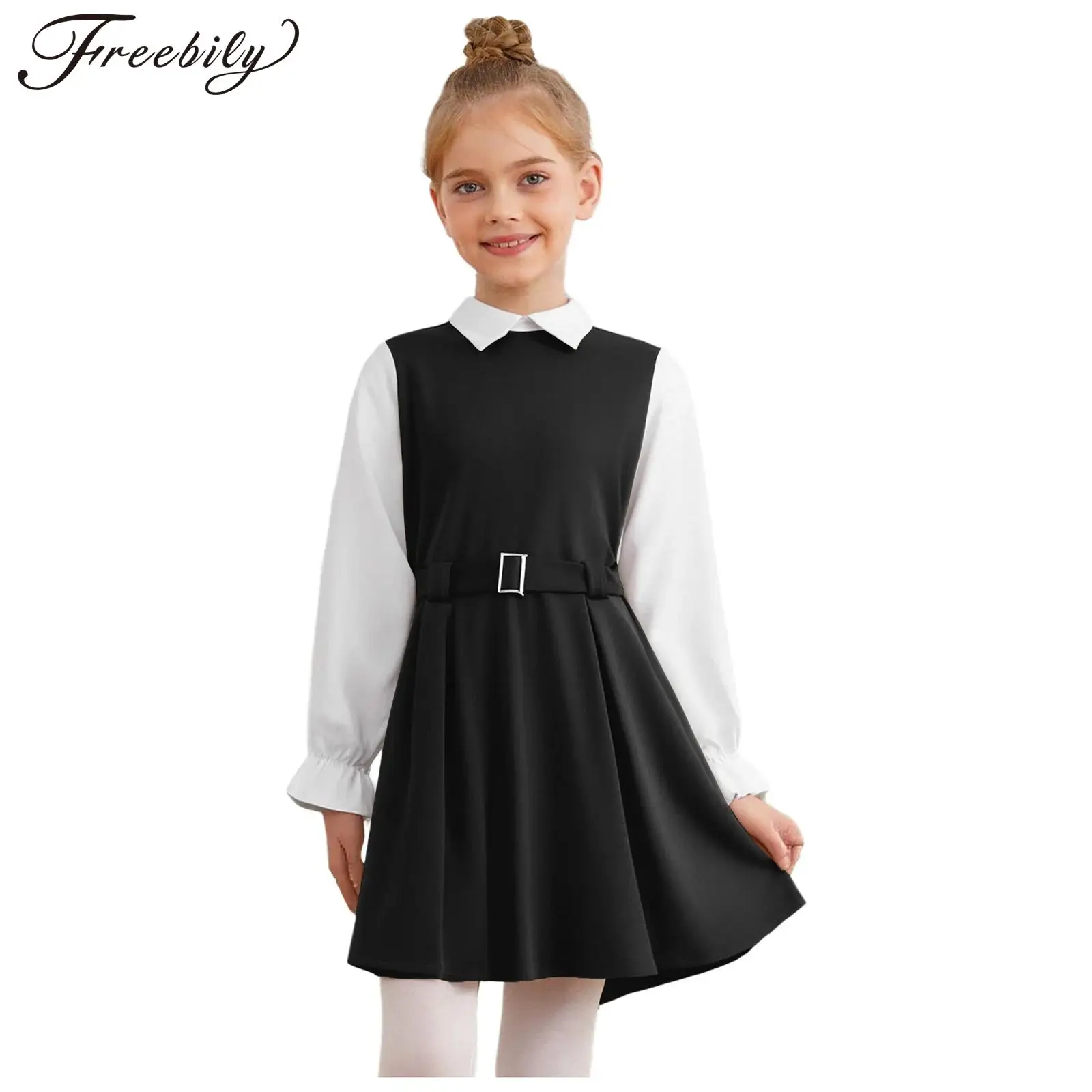 Teenager Girls School Uniform Elegant Shirt Dress Turn-Down Collar Long Sleeve Pleated Dresses with Belt Children Clothing