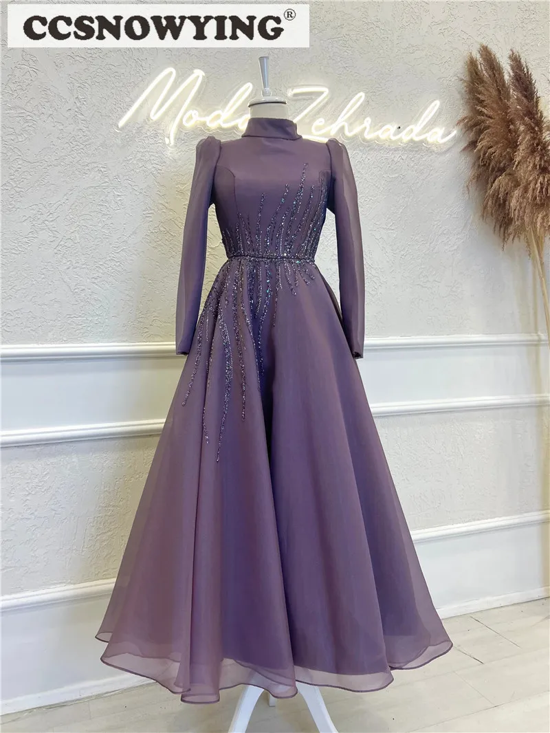 Organza Beaded Muslim Evening Dresses Islamic Long Sleeve A Line Hijab Formal Party Gowns Women Arabic Kaftan Robes De Soirée