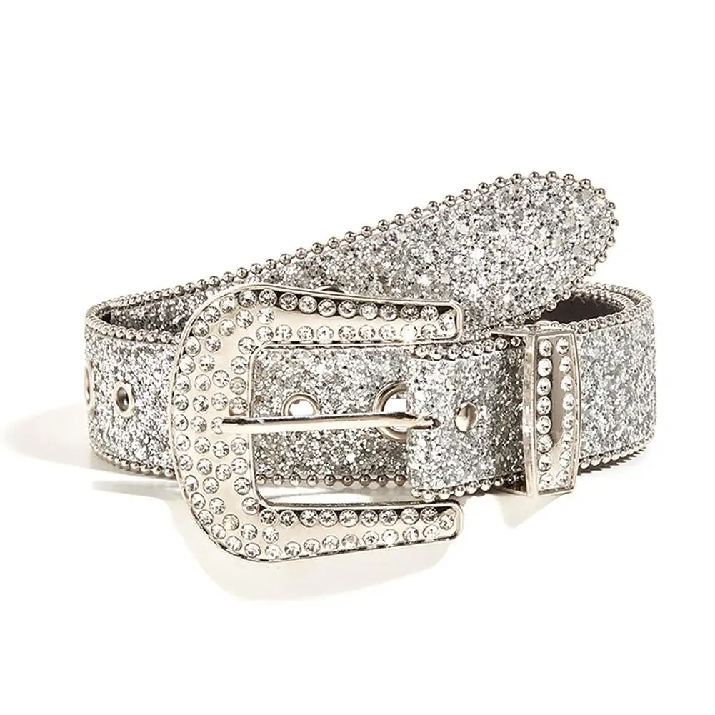 Stylish Rhinestone Western Cowgirl Style Y2K Belt Sparking Pu Leather BB Belts Shiny Sequined Jeans Waistband Glamorous Belt