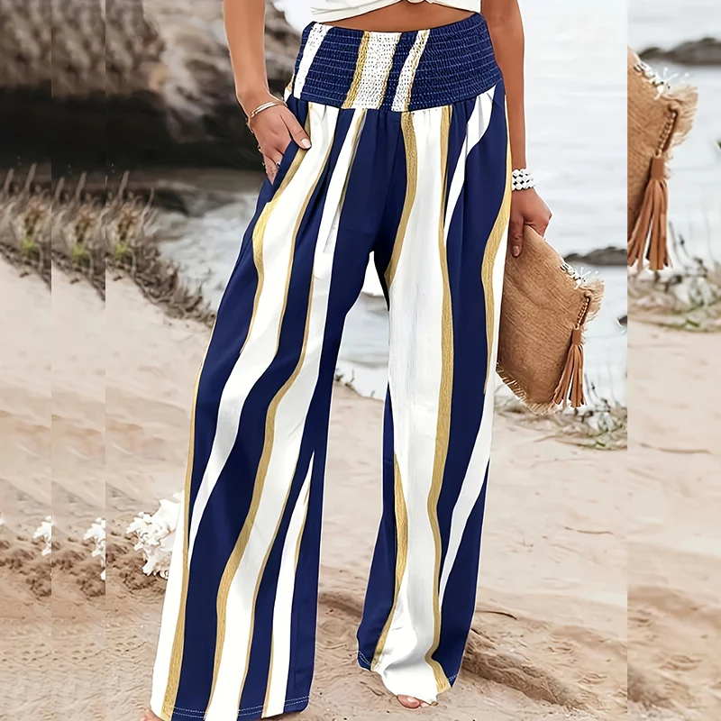 

Женские летние повседневные брюки с цветочным принтом, эластичной широкой талией и широкими штанинами, удобные свободные брюки, подходящие для отпуска и повседневной носки.