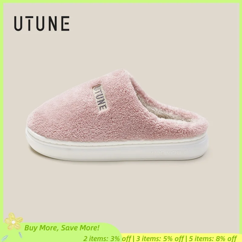 

UTUNE women's winter short plush slippers indoor home pvc sandals men's simple soft slide Couple embroidery flat cotton mop
