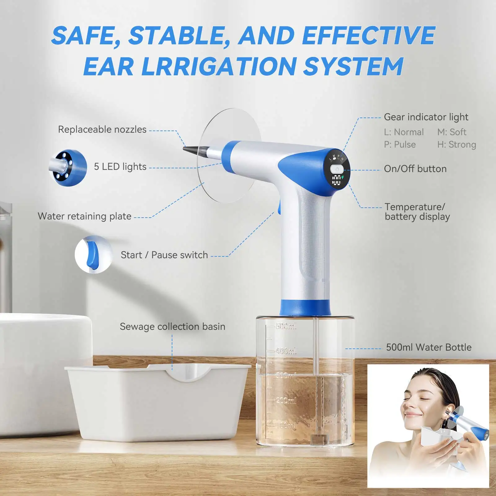 

New Ear Wax removal 4 Pressure LEVELS ​REAL-TIME TEMPERATURE DISPLAY EAR CLEAN SAFER tool temperature display 500ml Water Tank