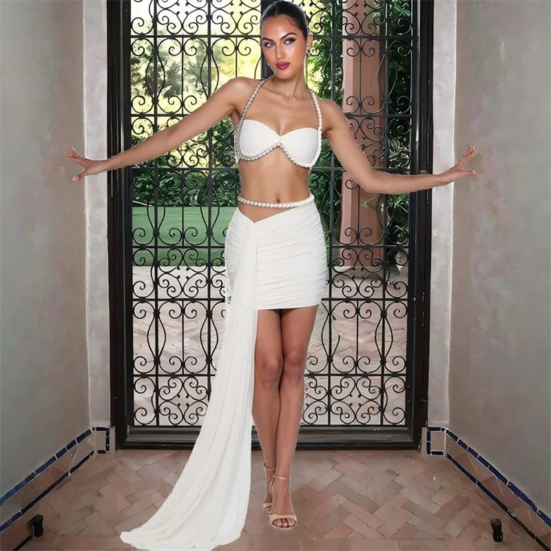 

Pearls White Prom Dress 2 Pcs Skirt Set Sexy Sleeveless Top Bra+Short Mini Beach Holiday Wedding Guest Robes Party Bridal Gown