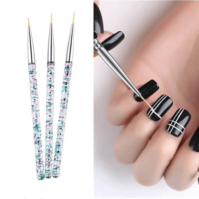 3Pcs Nail Art Liner Brush Set Acrylic Handle Transparent Sequins Gold/Silver Tip Ultra-fine for Stripe Grid Painting