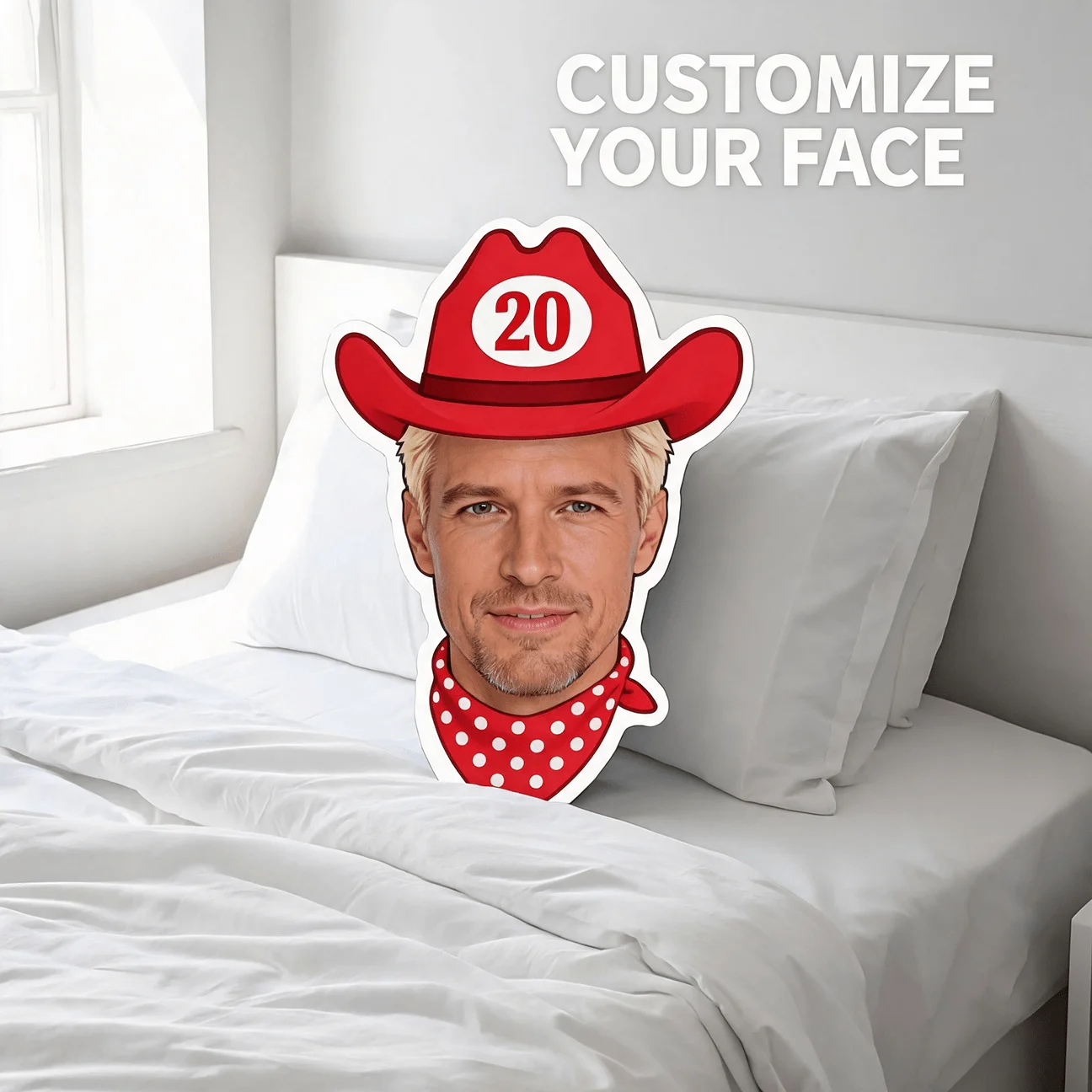 Custom Personalized Photo Face Pillow, Cowboy Hat & Bandana Design Custom Shaped Decorative Cushion, 60cm Large Size Accent Pill