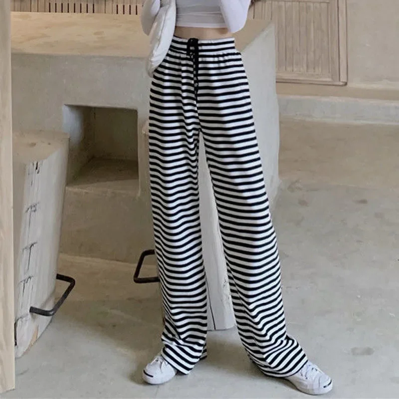 

Women's Fashion Loose Wide Leg Casual Pants 2024 High Waist Striped Summer Female Trousers Plus Size Comfy Ankle Length Pant Pop