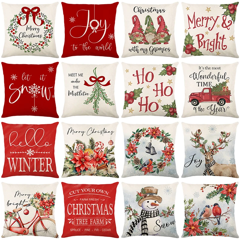 

Christmas Cushion Cover 45x45cm Bird Snowman Elk Print Pillowcases Home Decorative Pillow Cover Square Linen Throw Pillows Cover