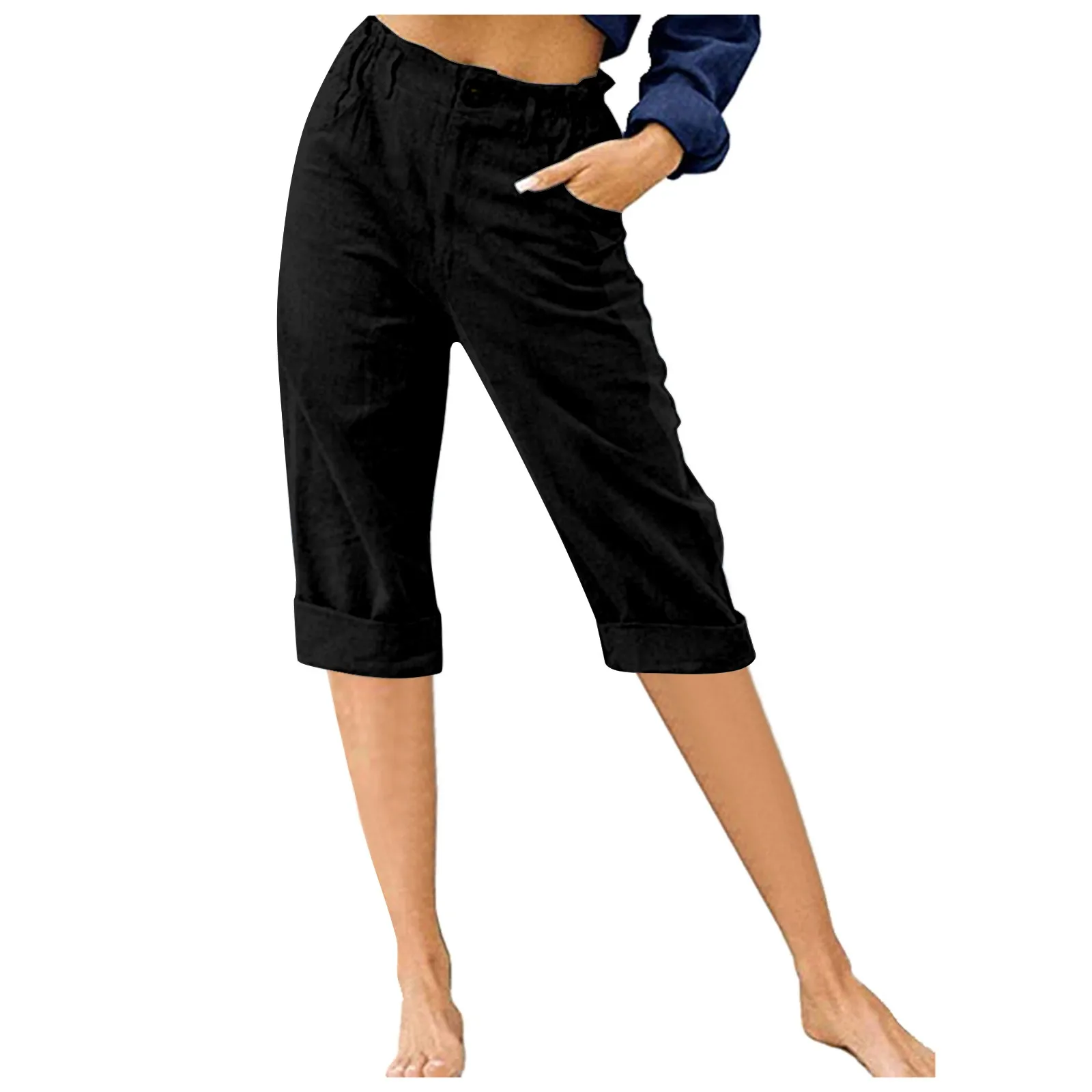 Casual Cropped Trousers Daily Breeches Five Half Pants Pantalone Womens Capris Cotton Pants Drawstring Elastic Waist Pants