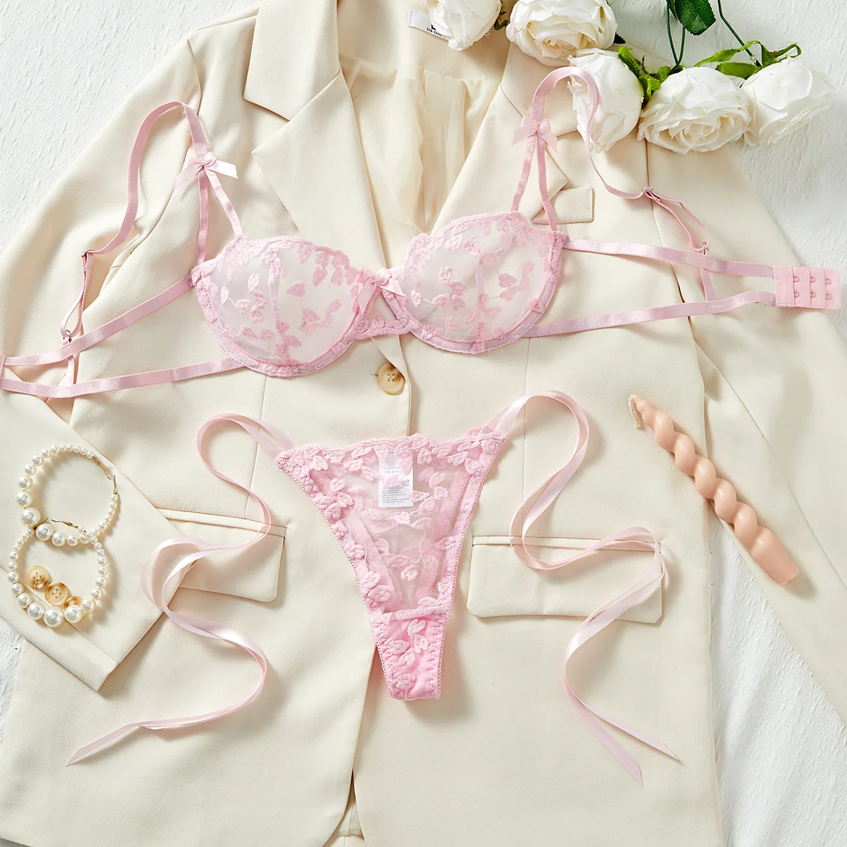 

Sheer Bra & G-String Set Women Lace Push Up Underwire Bralette Sexy Floral Embroidery Japanese Kawaii Lingerie Pink White Blue