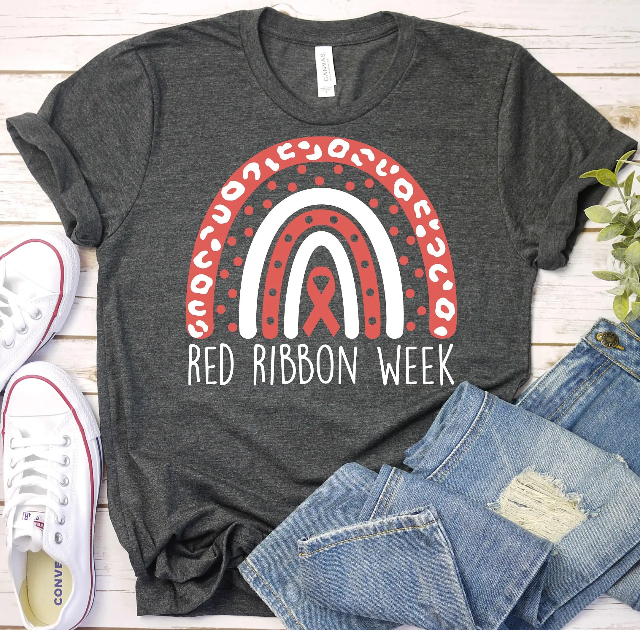 Red Ribbon Week T Shirt Rainbow Support Health Care Worker Recovery