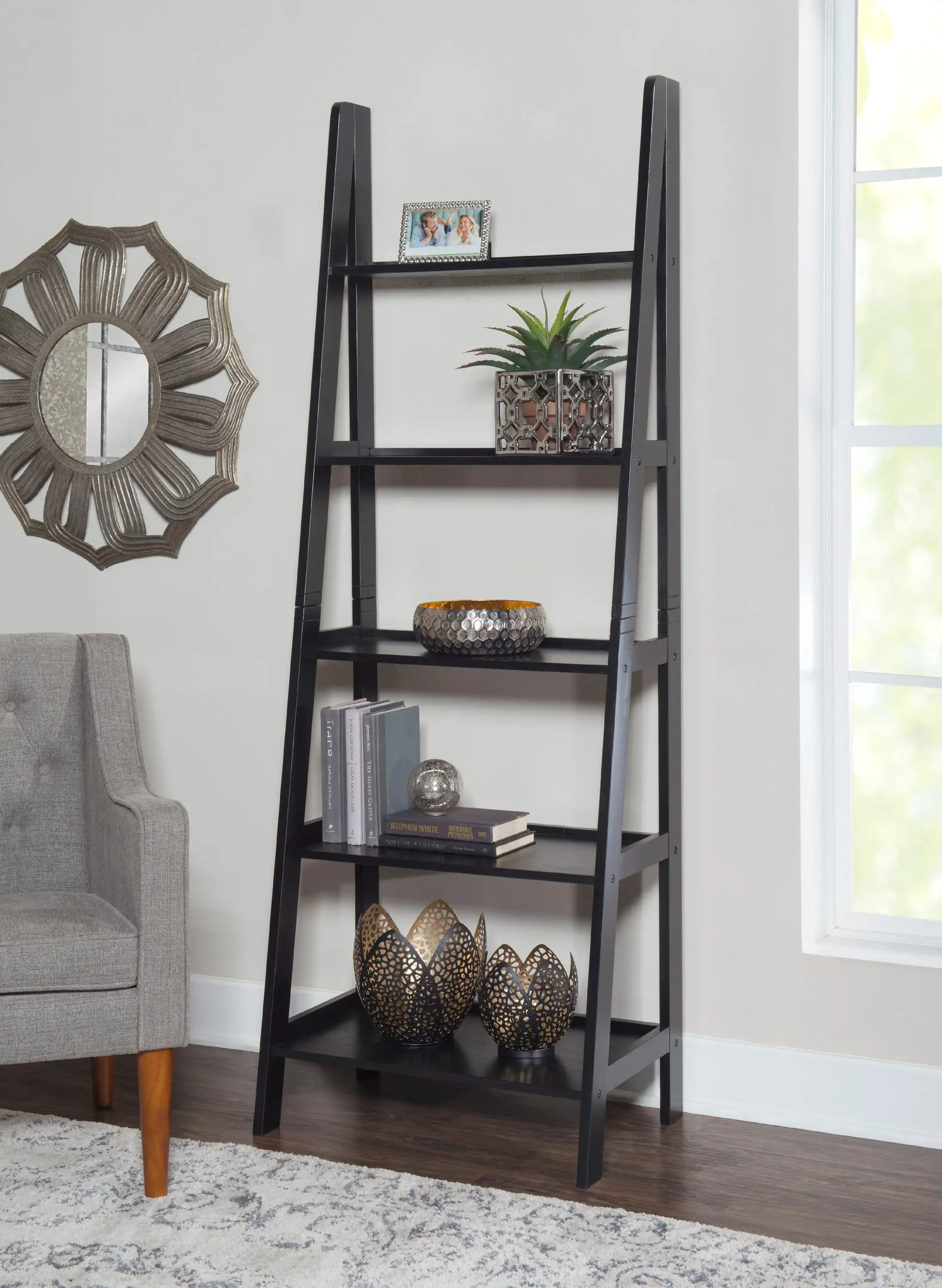 

Linon Edson 5-Shelf Ladder Bookcase, 72" Height, Black Finish