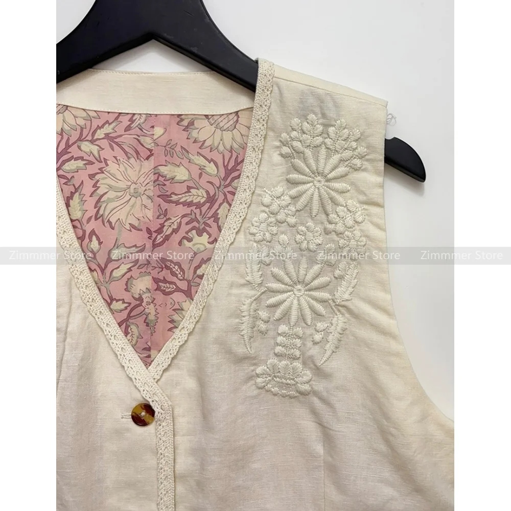 French style heavy floral embroidery pattern V-neck cotton and linen short vest top for women