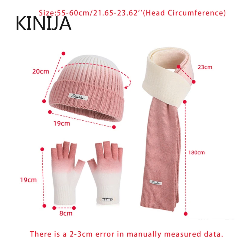 3 قطعة التدرج اللون محبوك قبعة وشاح قفازات مجموعة للنساء في الهواء الطلق يندبروف الدافئة ركوب التزلج مجموعة قبعة صغيرة الكورية