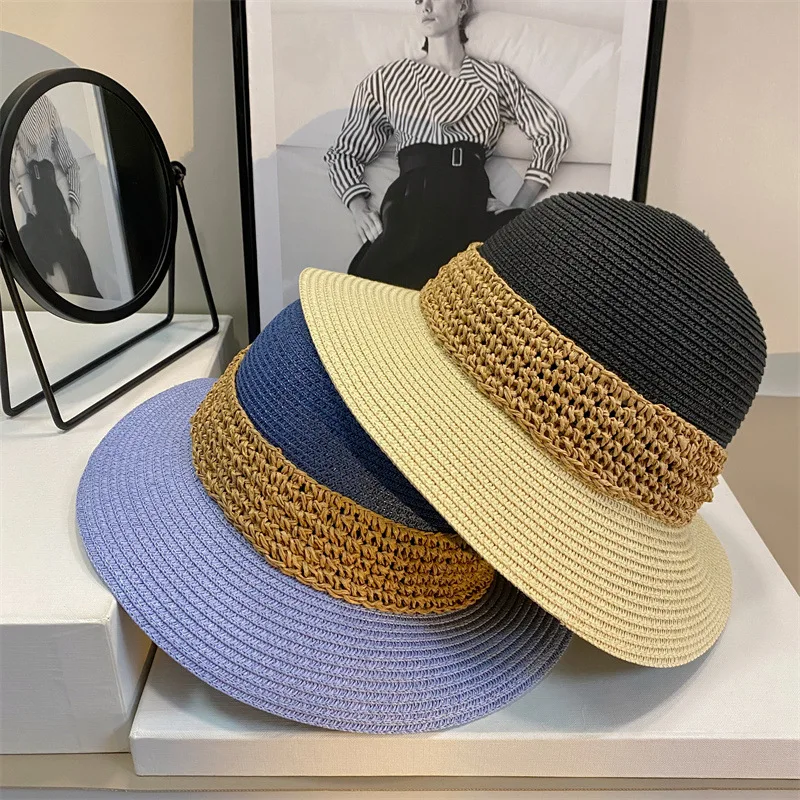 New Beach hat Women\'s large brim color matching sun hat Summer sun protection straw hat Foldable Ladies bucket hat