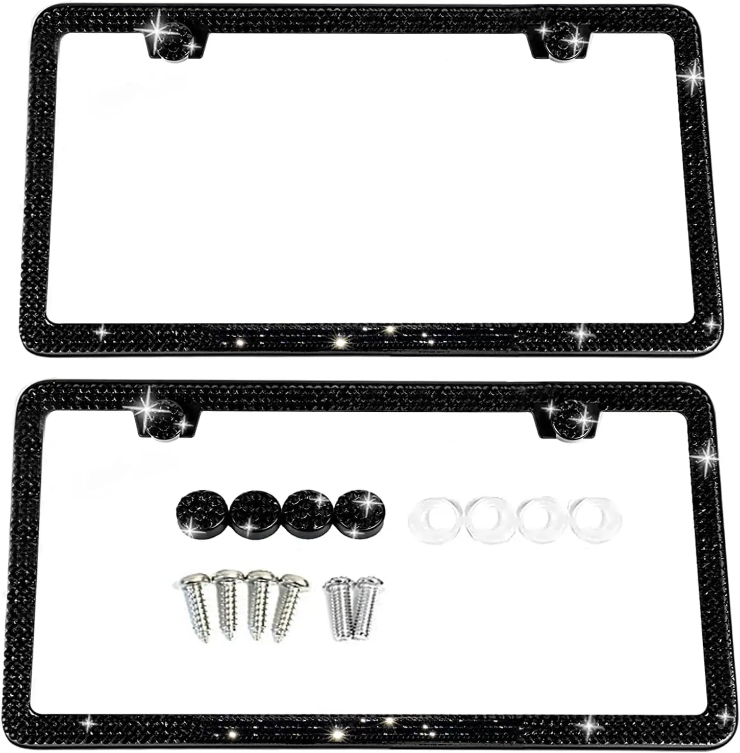 

2 Pack Sparkly Rhinestone License Plate Frames for Women, Black Glitter Crystal Car Accessories