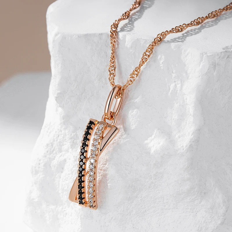 Kinel Fashion Black With White Natural Zircon Pendant Necklace Women Luxury 585 Rose Gold Color Vintage Pendant Daily Jewelry