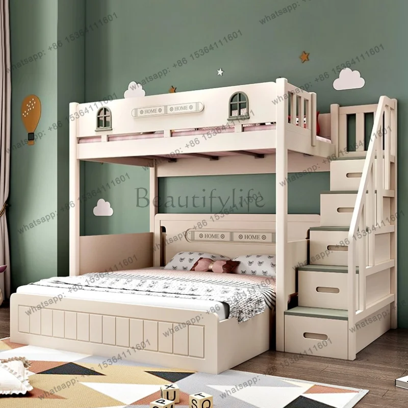LSStaggered Bunk Bed Siblings Children Solid Wood Double Bed Furniture 2people Eco-friendly Water-based Paint European Style