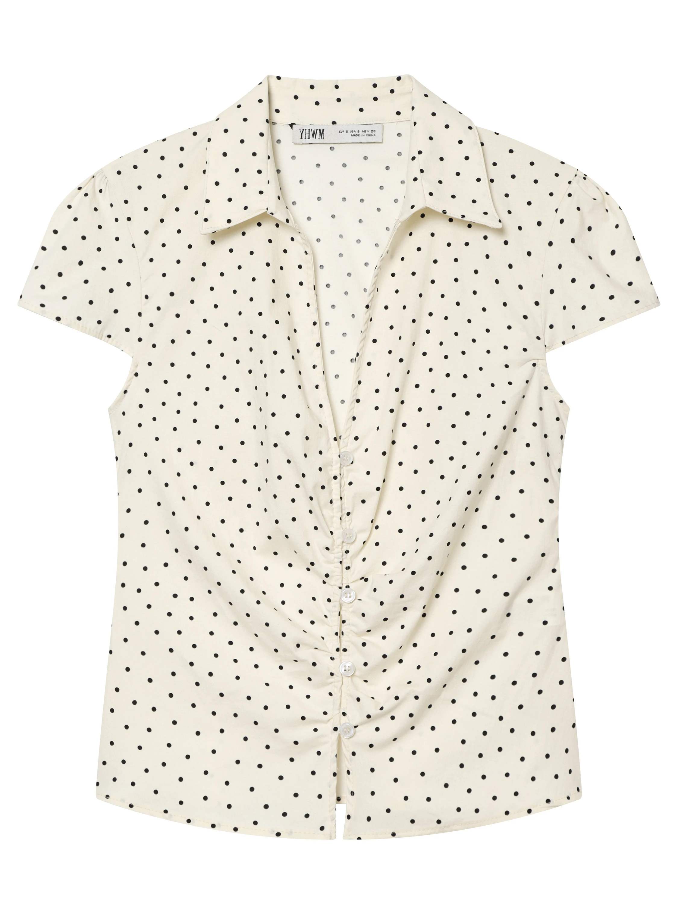 Women's Polka Dot Shirt Short Sleeve Gathered Waist Flip Collar Office Slim Fit Versatile Top European Style Polyester Fiber