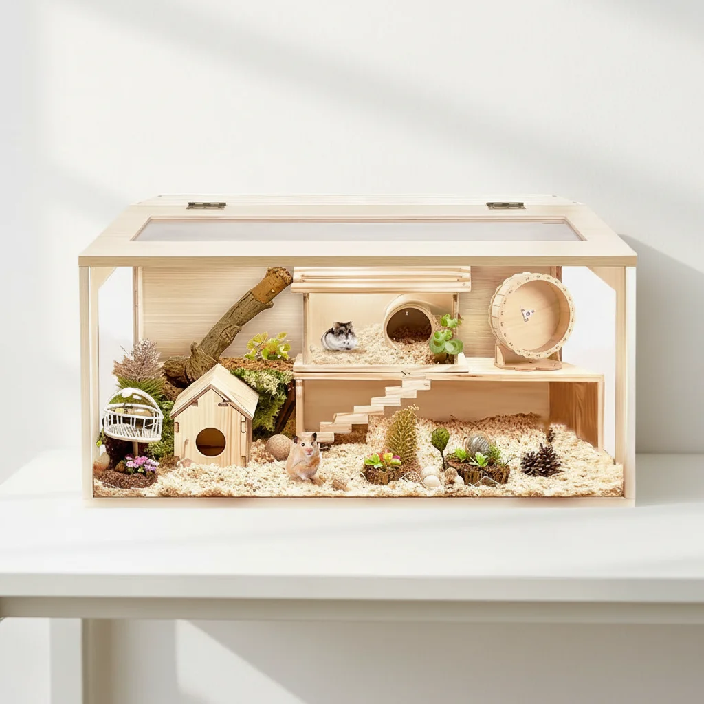 Modern Solid Wood Eco-friendly Pet Villa Set Button Closure Small Animals Constant Temperature Breeding Cage Breeding Hamster