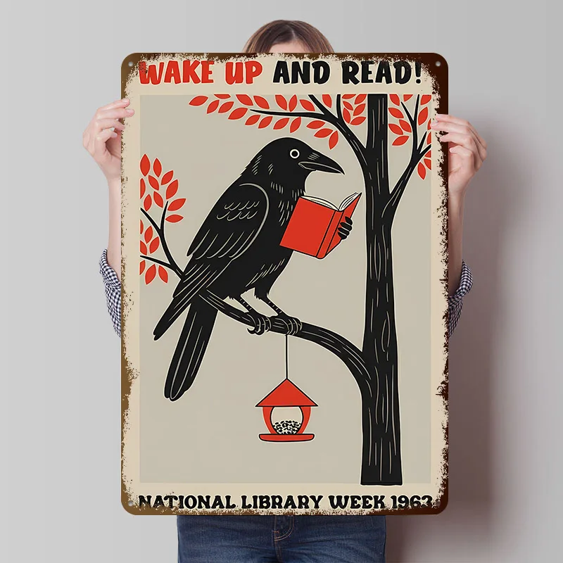 Krähe beim Lesen eines Buches, bedrucktes Poster, individuelle Retro-Wandkunst, Vintage-Metallschilder für Innendekoration, Wohnzimmer, Haus
