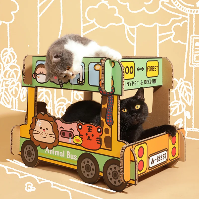 

New Double cat house climbing bus design pet furniture for cats weighing within 10kg funny toy cat scratch board pets playground