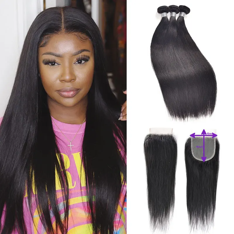 4x4 HD Lace Closure Brazilian Transparent Pre Plucked Remy Straight Human Hair Bundles 10A 3 Bundles with Closure for Women