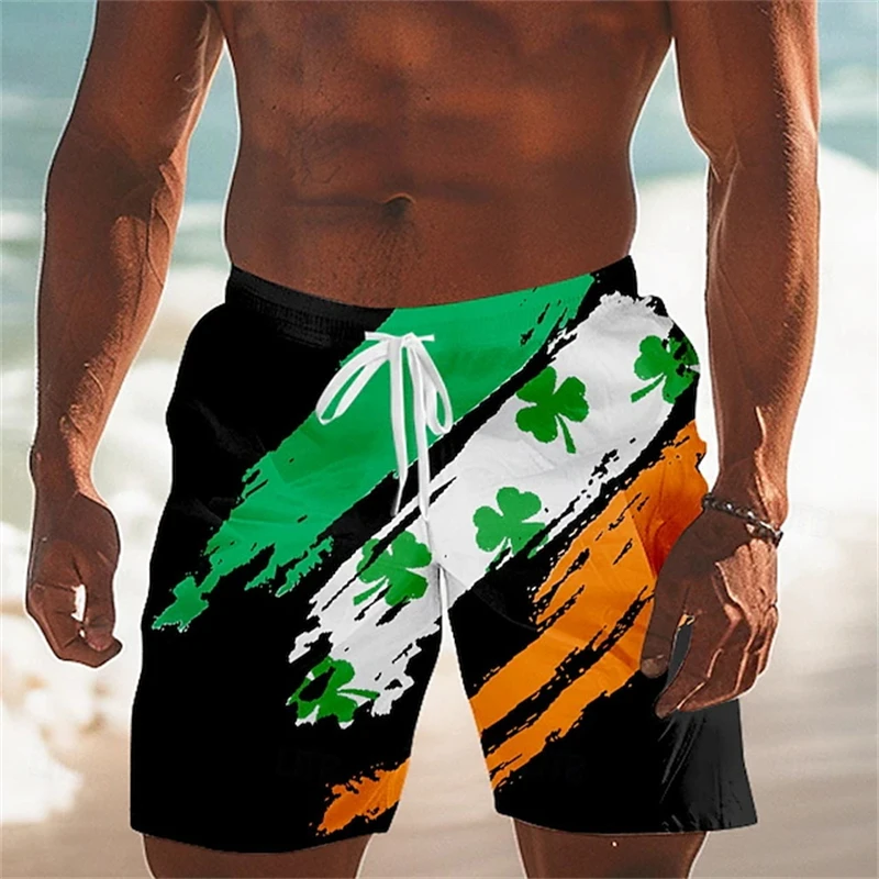 Shamrock Element St.Patrick’S Day Short Pants Men 3d Print Green Beach Shorts Casual Hawaiian Holiday Swim Trunks Kids Clothing