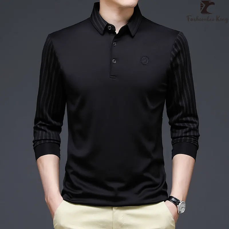 

New Brand Men's Polo Shirts Printed Lapel Long-Sleeved T-Shirts Business Casual Trendy Outfit Top