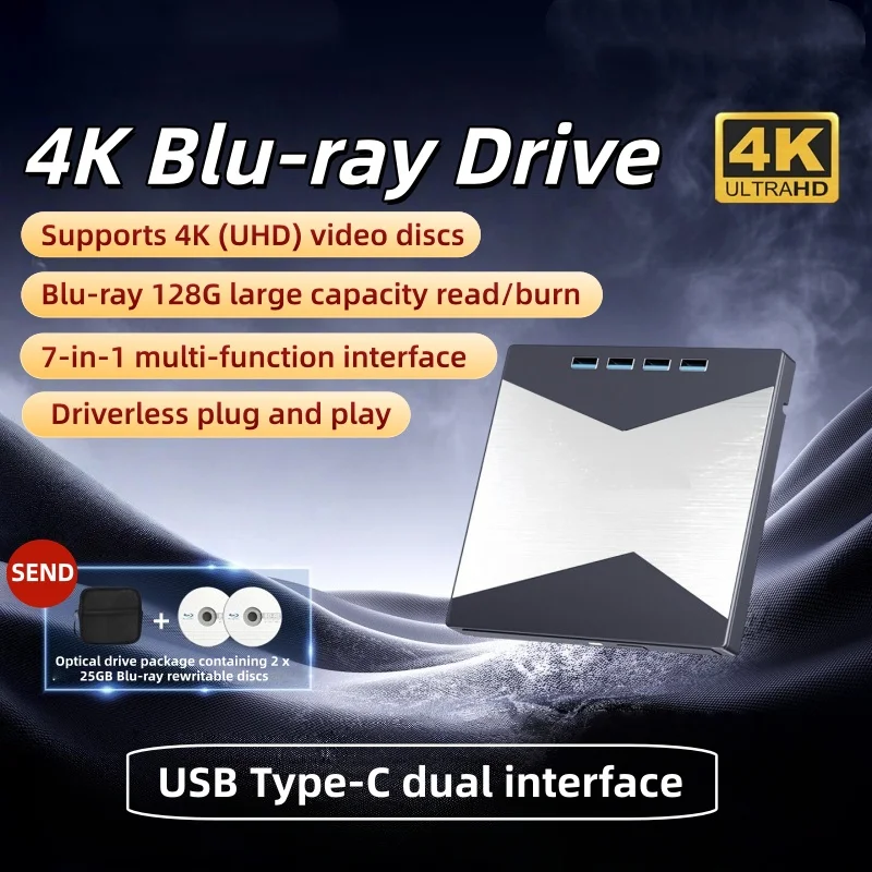 External Blu ray Drive 4K Bluray Player for Laptop MacOS Windows USB 3.0 BD/CD/DVD RW Reader Burner with SD TF Card Slots UHD