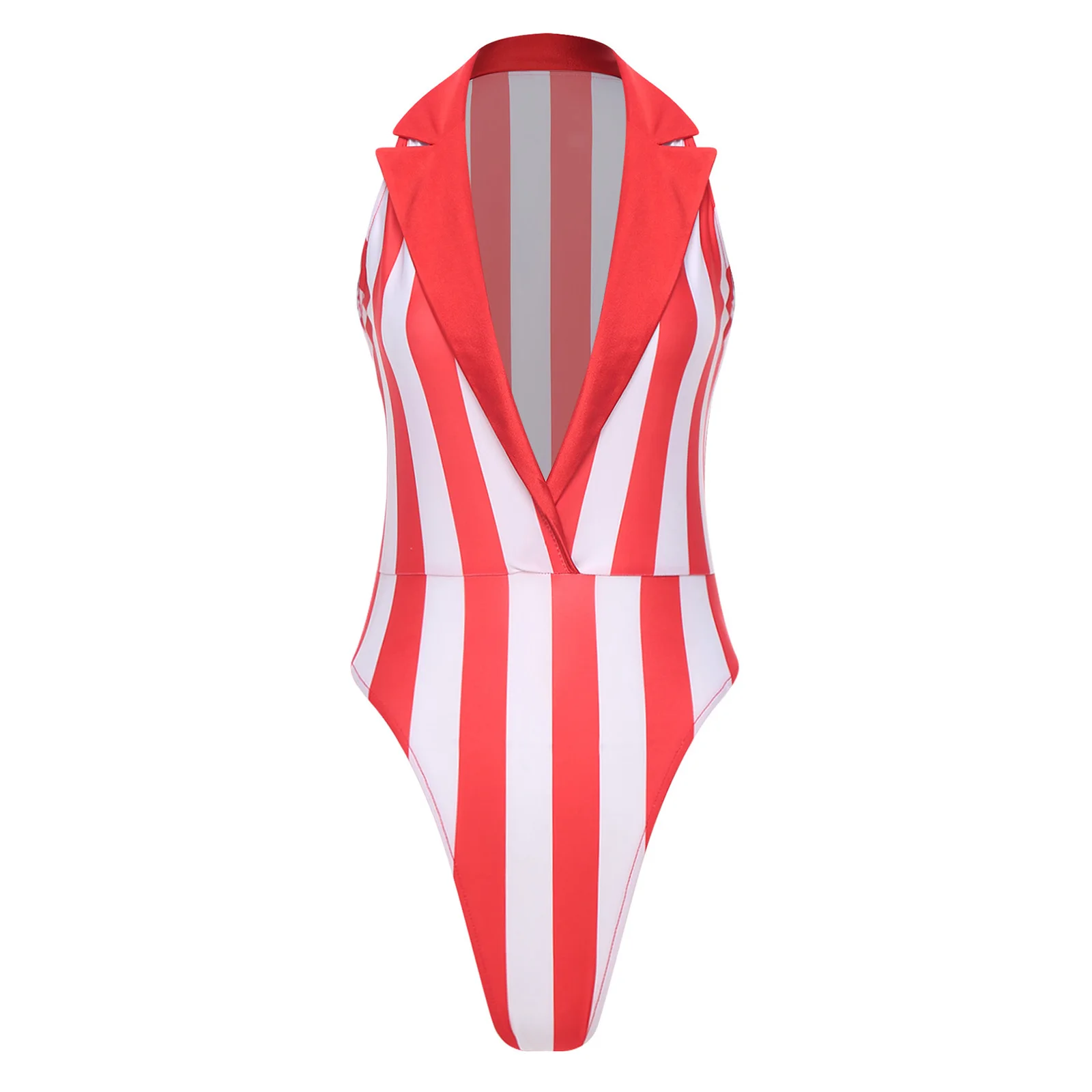 Womens Striped Bodysuit Lapel Plunging V Neck Sleeveless Contrast Color Leotard Jumpsuit for Club Raves Beachwear Pool Party