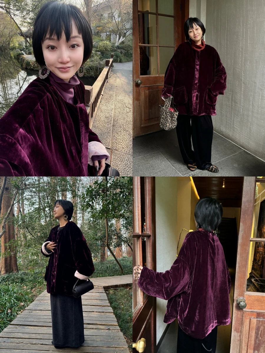 

Owi Gold-Le Velvet Loose round Ne Soft Camel down Cotton Jaet Hidden Zipper oulder Design Velvet Outerwear