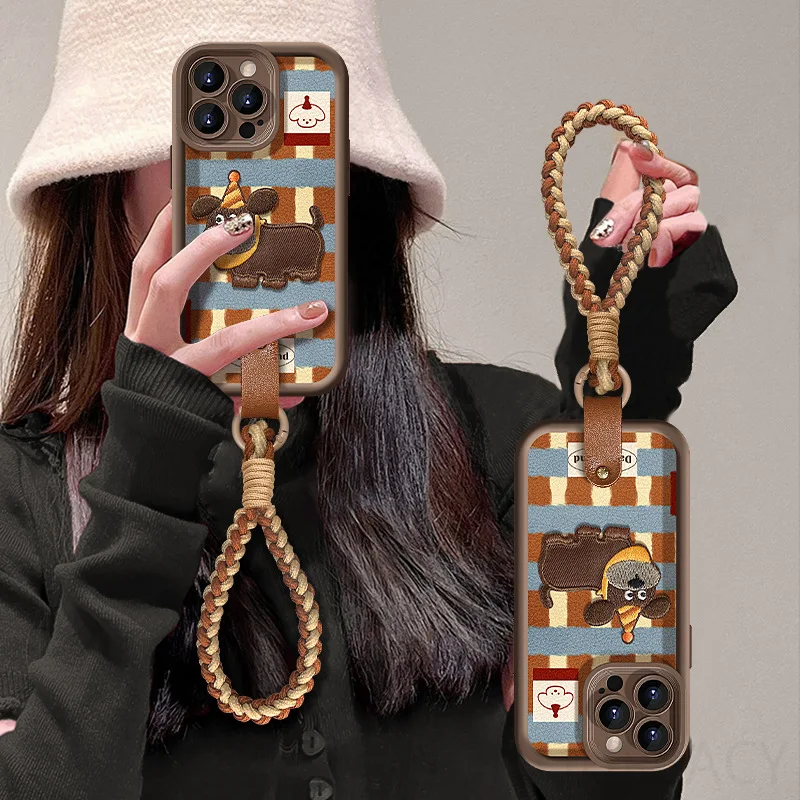 

Embroidered Puppy Dog Leather Drum Bag Phone Cases For IPhone 17 Air 11 12 13 14 16 Pro Max 15 Plus Shockproof Phone Back Cover