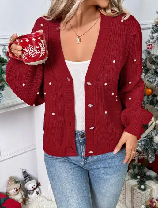 جو عيد الميلاد أزياء المرأة محبوك سترة سترة الخامس الرقبة لؤلؤة زر معدني بسيط سترة بأكمام طويلة #4